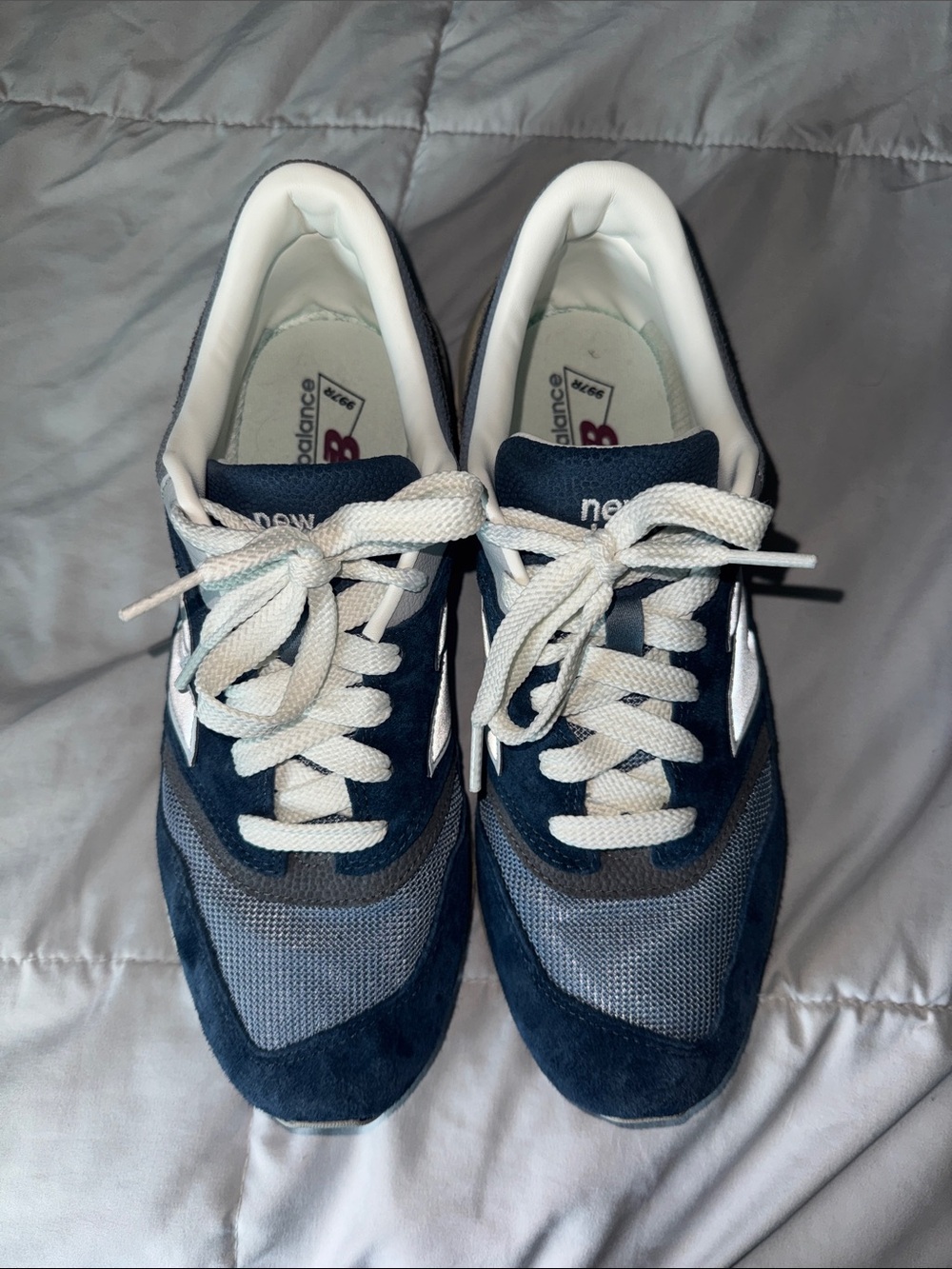 New Balance Men’s Navy and Gray Suede Mesh Sneakers with White Accents